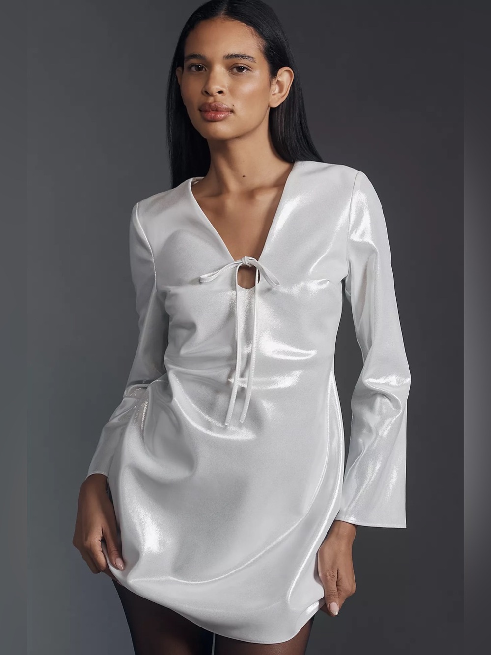 Anthropologie Long Sleeve V-Neck Metallic Mini Dress S